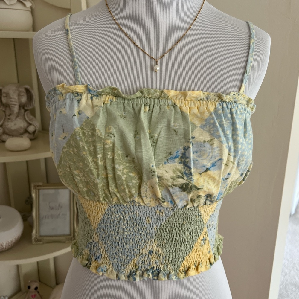 American Eagle Outfitters Blue and Yellow Smocked Camisole